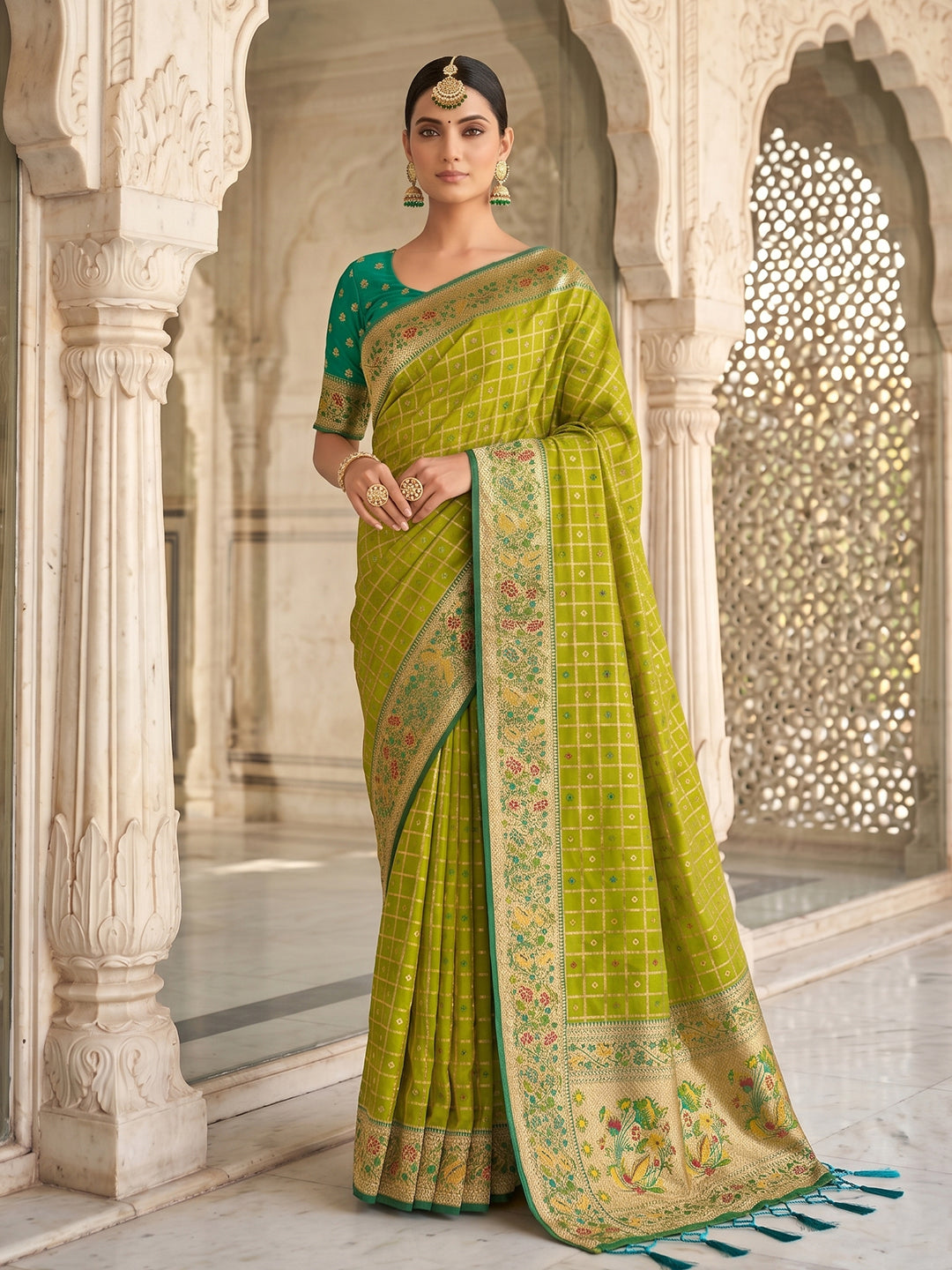 Sutriti Women's Lime Green Banarasi Silk Saree with Zari Work & Contrast Blouse - Festive Saree