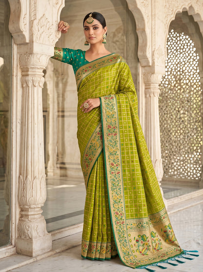 Sutriti Women's Lime Green Banarasi Silk Saree with Zari Work & Contrast Blouse - Festive Saree