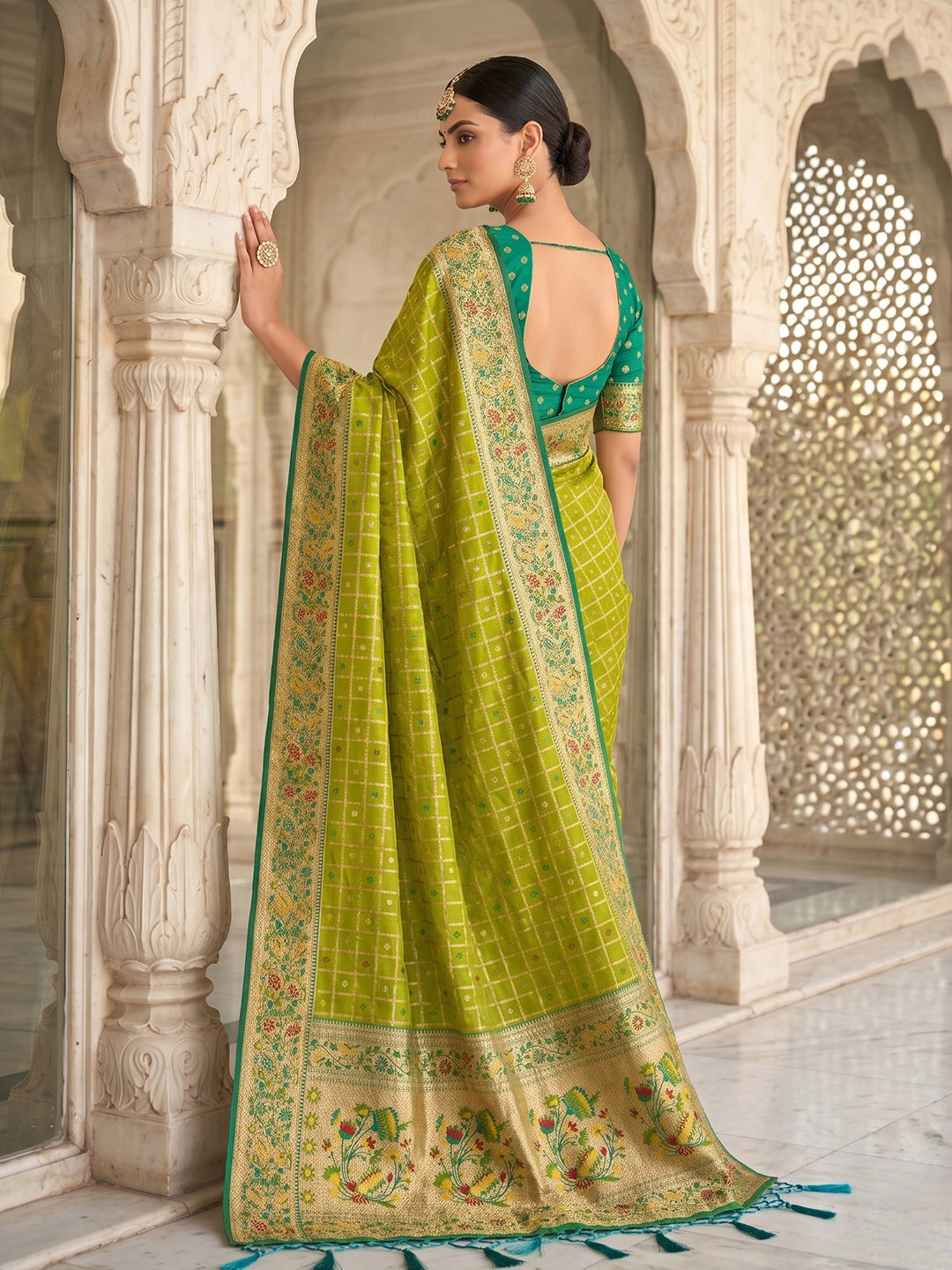 Sutriti Women's Lime Green Banarasi Silk Saree with Zari Work & Contrast Blouse - Festive Saree