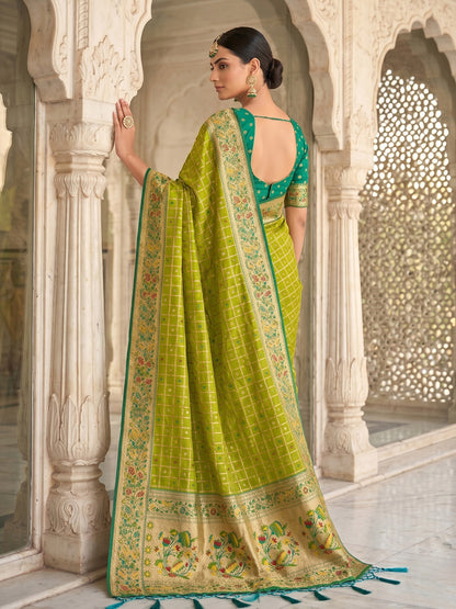 Sutriti Women's Lime Green Banarasi Silk Saree with Zari Work & Contrast Blouse - Festive Saree