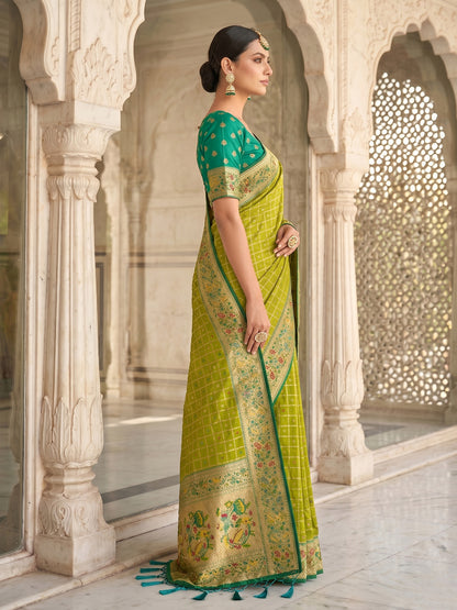 Sutriti Women's Lime Green Banarasi Silk Saree with Zari Work & Contrast Blouse - Festive Saree