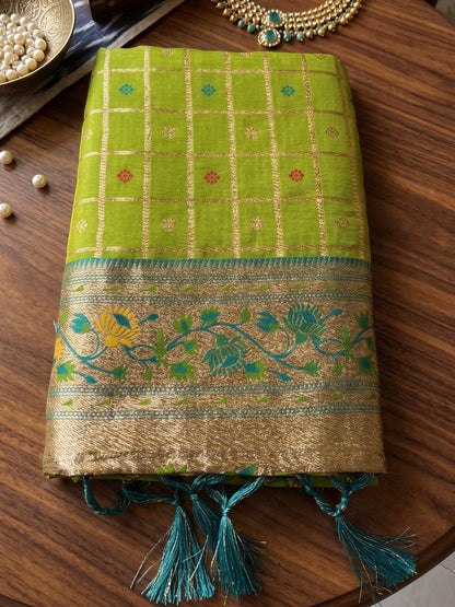 Sutriti Women's Lime Green Banarasi Silk Saree with Zari Work & Contrast Blouse - Festive Saree