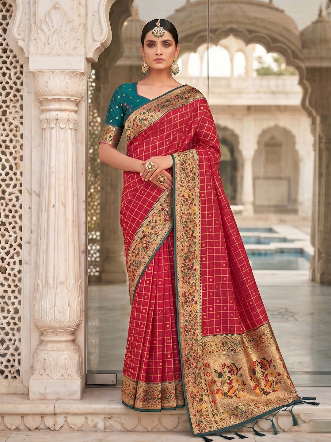 Sutriti Women's Red Banarasi Silk Saree with Zari Check Work & Contrast Blouse - Wedding Party Wear