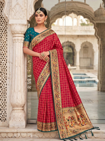Sutriti Women's Red Banarasi Silk Saree with Zari Check Work & Contrast Blouse - Wedding Party Wear