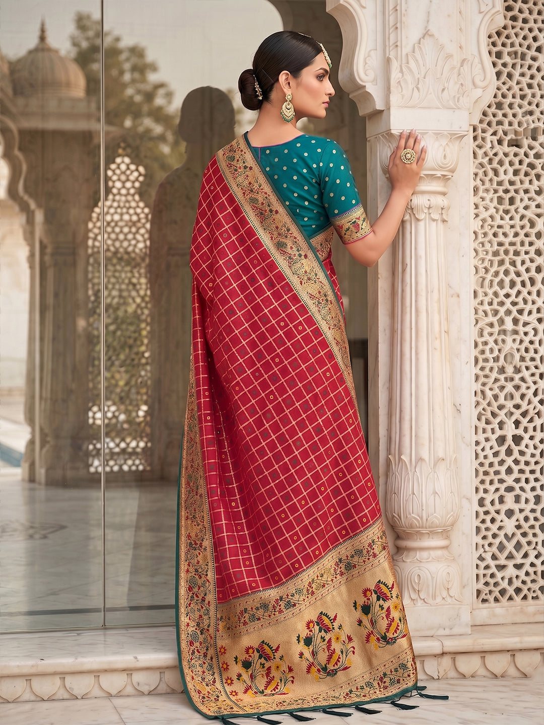 Sutriti Women's Red Banarasi Silk Saree with Zari Check Work & Contrast Blouse - Wedding Party Wear
