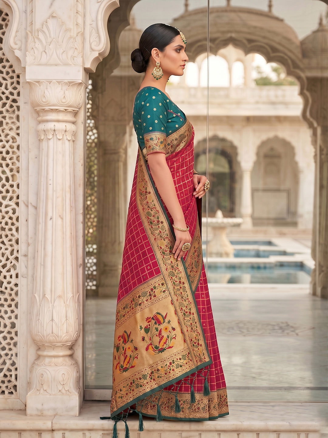 Sutriti Women's Red Banarasi Silk Saree with Zari Check Work & Contrast Blouse - Wedding Party Wear