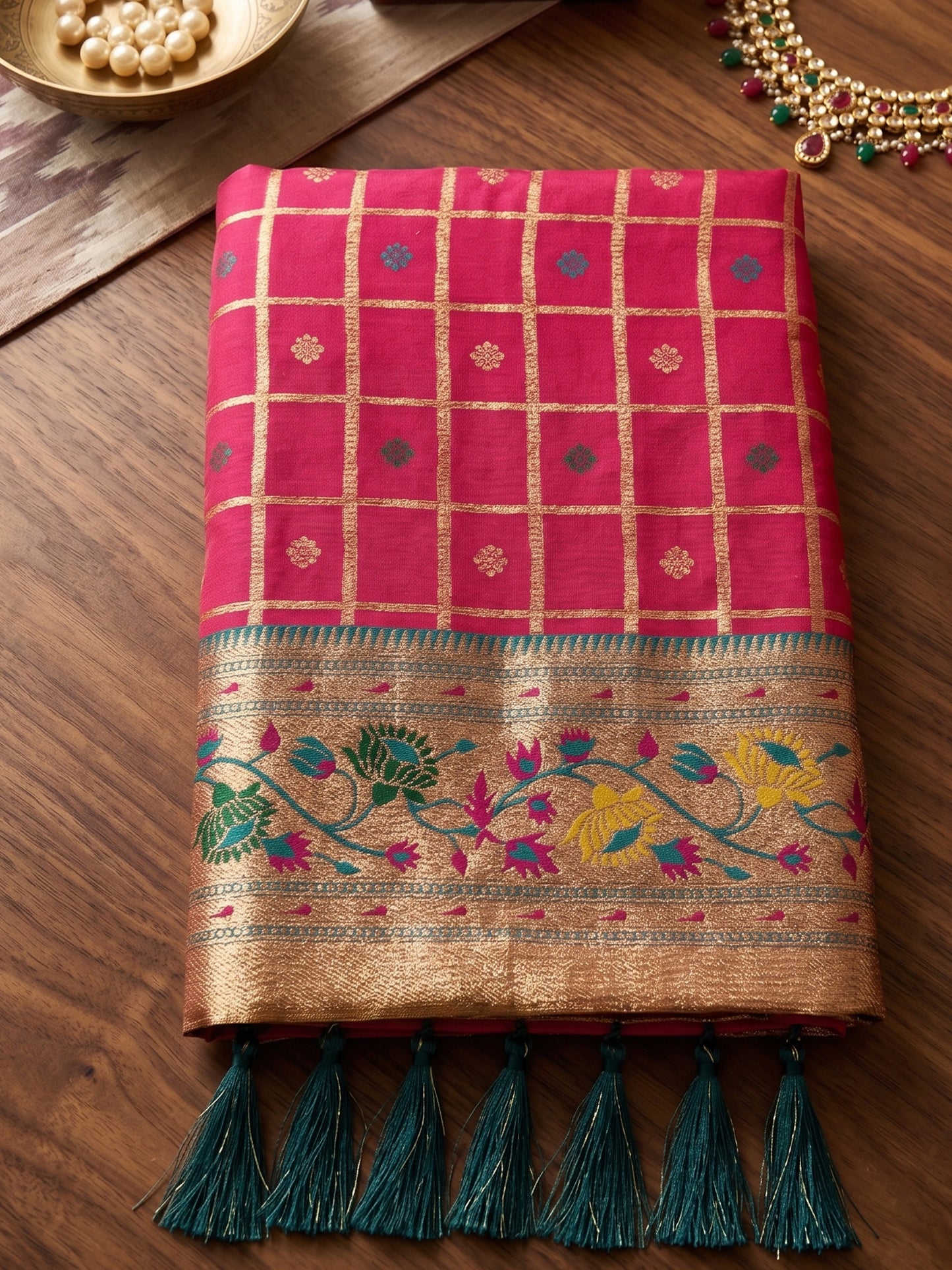 Sutriti Women's Red Banarasi Silk Saree with Zari Check Work & Contrast Blouse - Wedding Party Wear