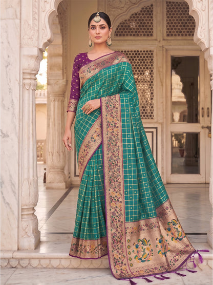 Sutriti Women's Rama Green Banarasi Silk Saree with Zari Work & Contrast Blouse - Festive Wear Saree