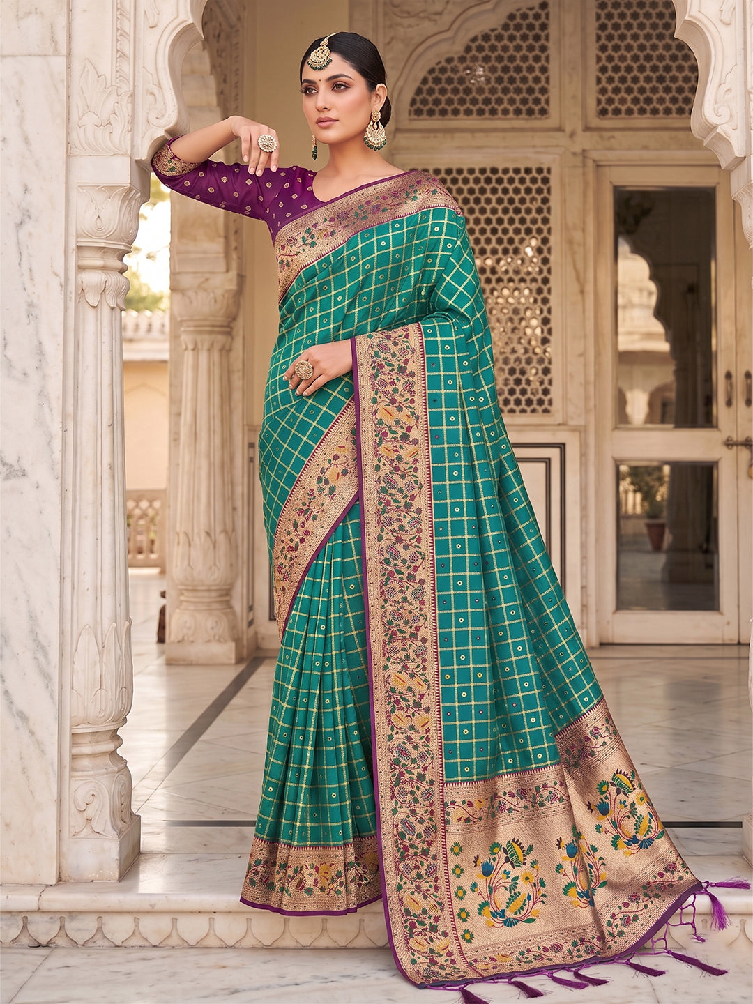 Sutriti Women's Rama Green Banarasi Silk Saree with Zari Work & Contrast Blouse - Festive Wear Saree
