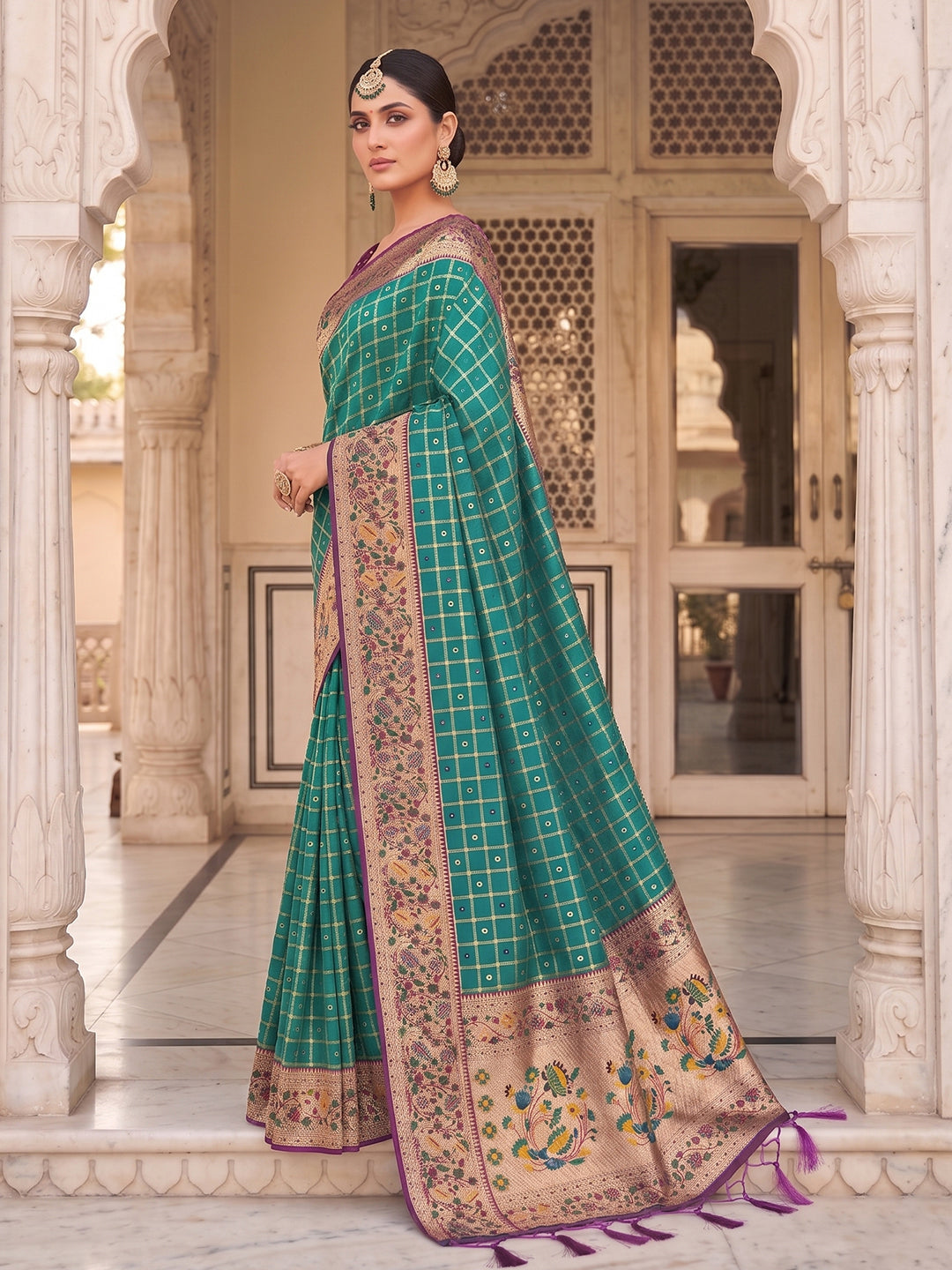 Sutriti Women's Rama Green Banarasi Silk Saree with Zari Work & Contrast Blouse - Festive Wear Saree