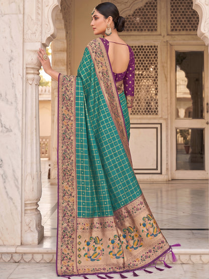 Sutriti Women's Rama Green Banarasi Silk Saree with Zari Work & Contrast Blouse - Festive Wear Saree