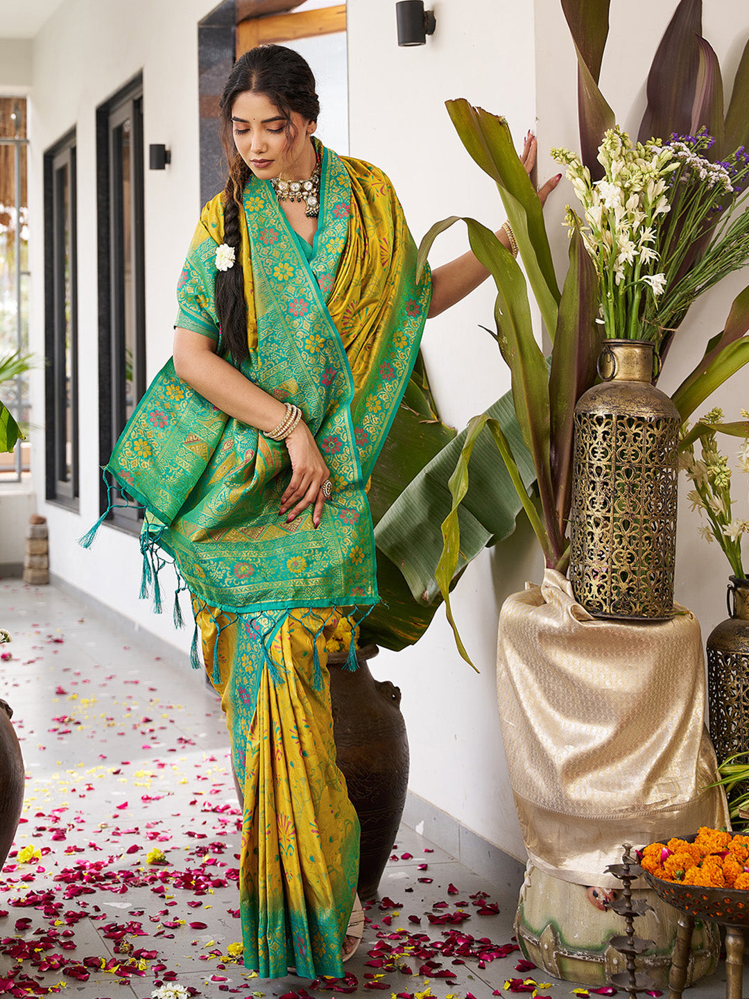 sutriti mustard kanjiveram silk saree wedding silk sarees collection