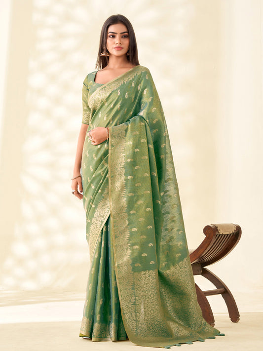 Sutriti Women Green Woven Banarasi Tissue Silk Saree
