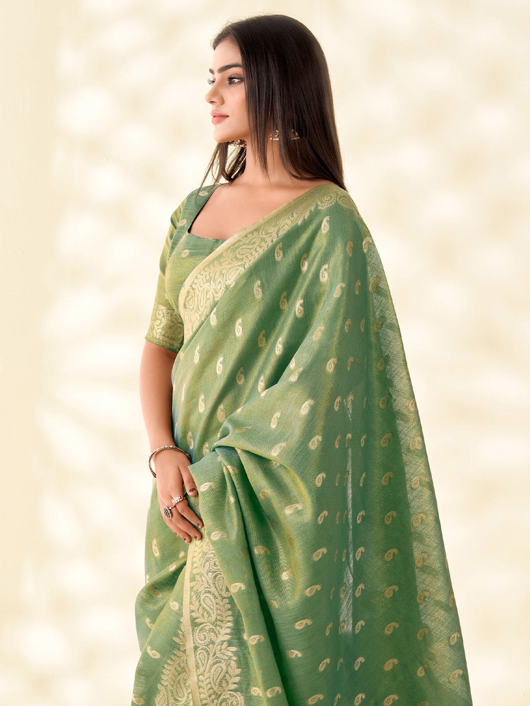 Sutriti Women Green Woven Banarasi Tissue Silk Saree