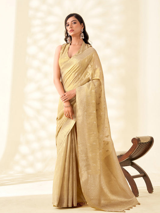 Sutriti Women Golden Beige Woven Banarasi Tissue Silk Saree
