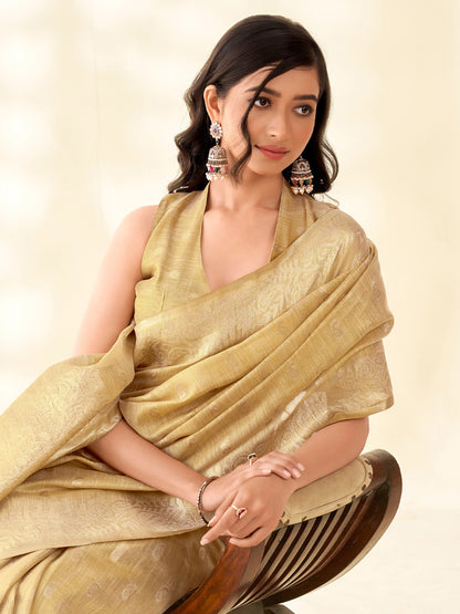 Sutriti Women Golden Beige Woven Banarasi Tissue Silk Saree