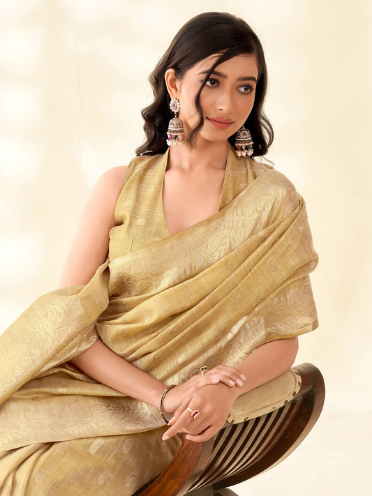 Sutriti Women Golden Beige Woven Banarasi Tissue Silk Saree