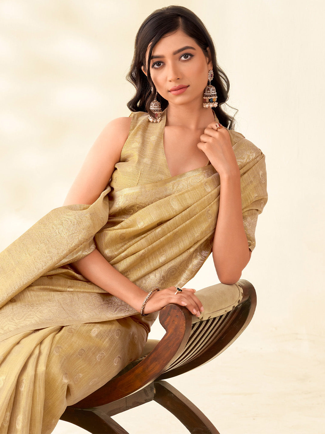 Sutriti Women Golden Beige Woven Banarasi Tissue Silk Saree