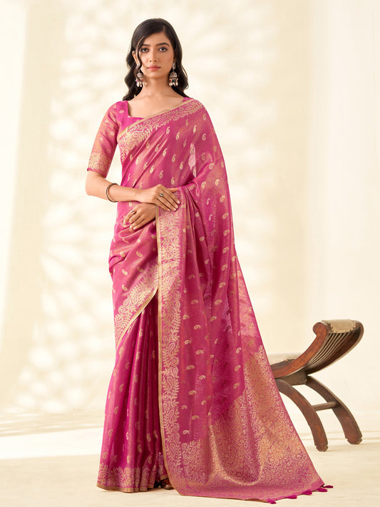 Sutriti Women Magenta Pink Woven Banarasi Tissue Silk Saree
