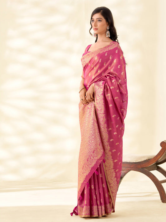 Sutriti Women Magenta Pink Woven Banarasi Tissue Silk Saree