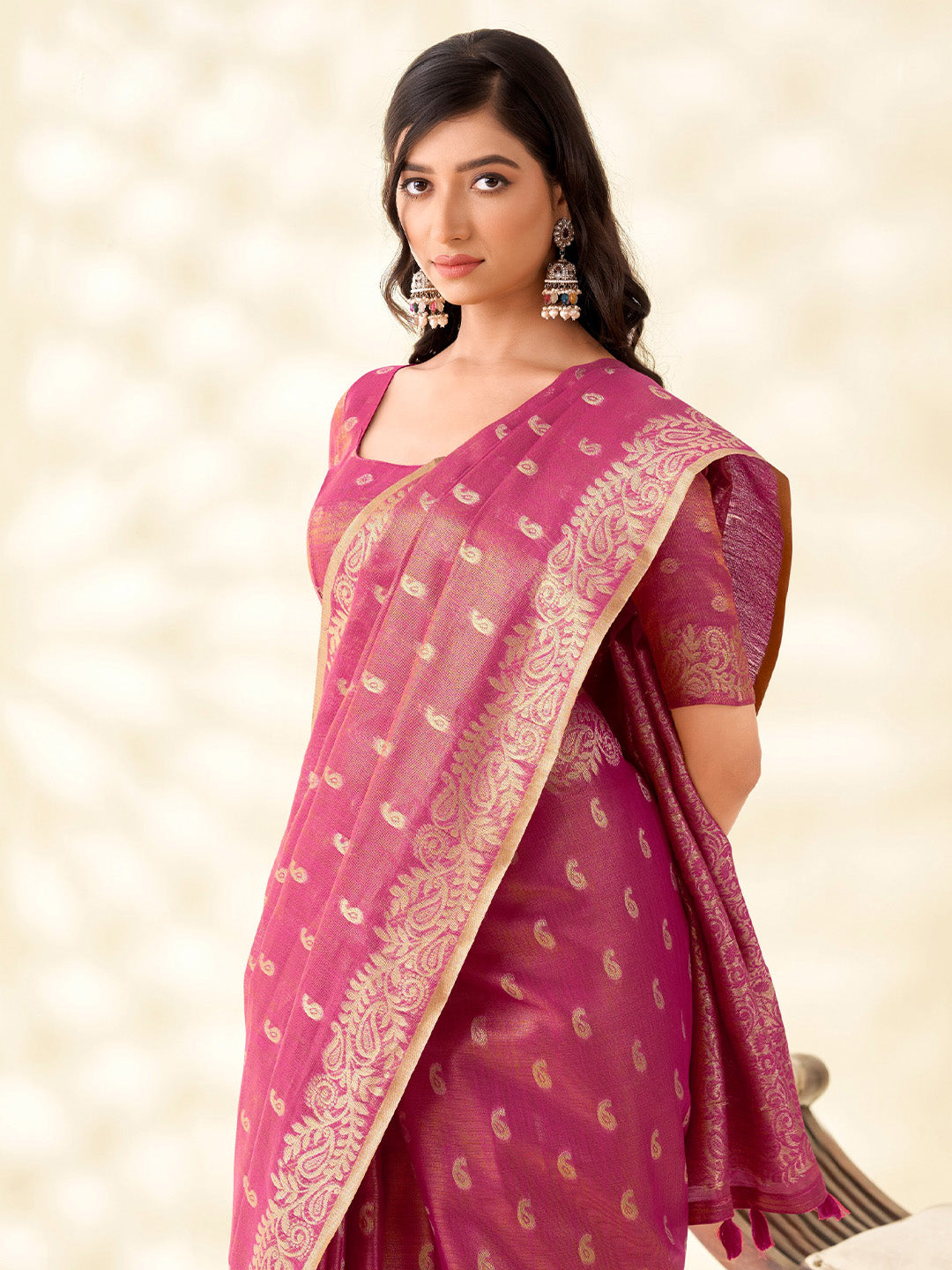 Sutriti Women Magenta Pink Woven Banarasi Tissue Silk Saree