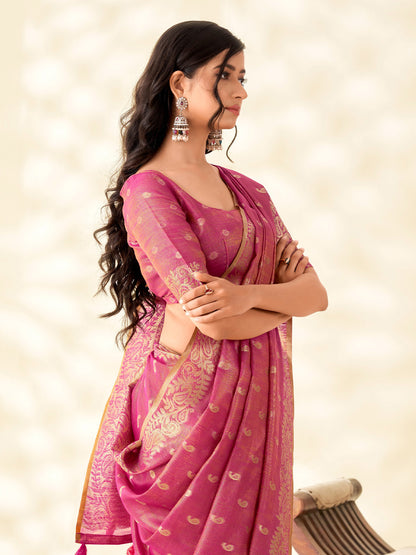 Sutriti Women Magenta Pink Woven Banarasi Tissue Silk Saree
