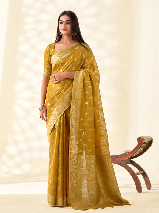 Sutriti Women Mustard Yellow Woven Banarasi Tissue Silk Saree