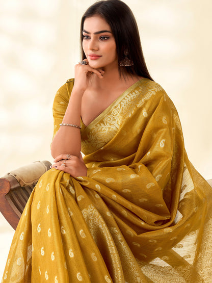 Sutriti Women Mustard Yellow Woven Banarasi Tissue Silk Saree