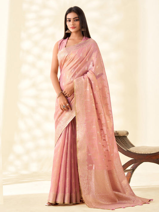 Sutriti Women Pastel Pink Woven Banarasi Tissue Silk Saree