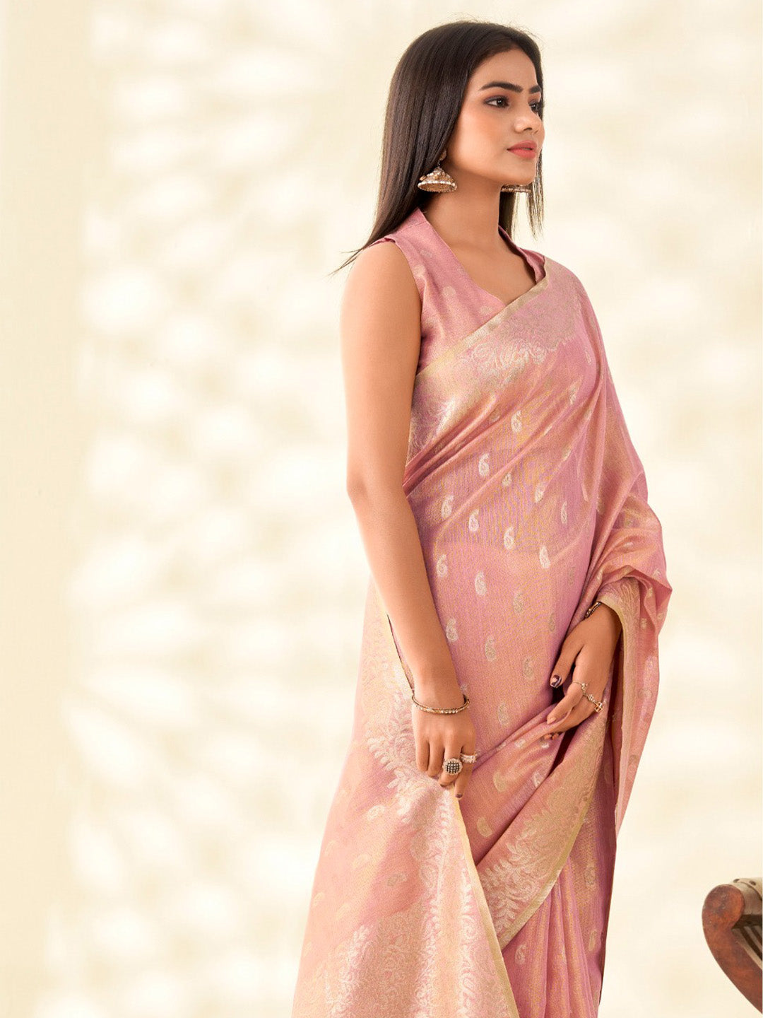 Sutriti Women Pastel Pink Woven Banarasi Tissue Silk Saree