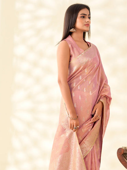 Sutriti Women Pastel Pink Woven Banarasi Tissue Silk Saree