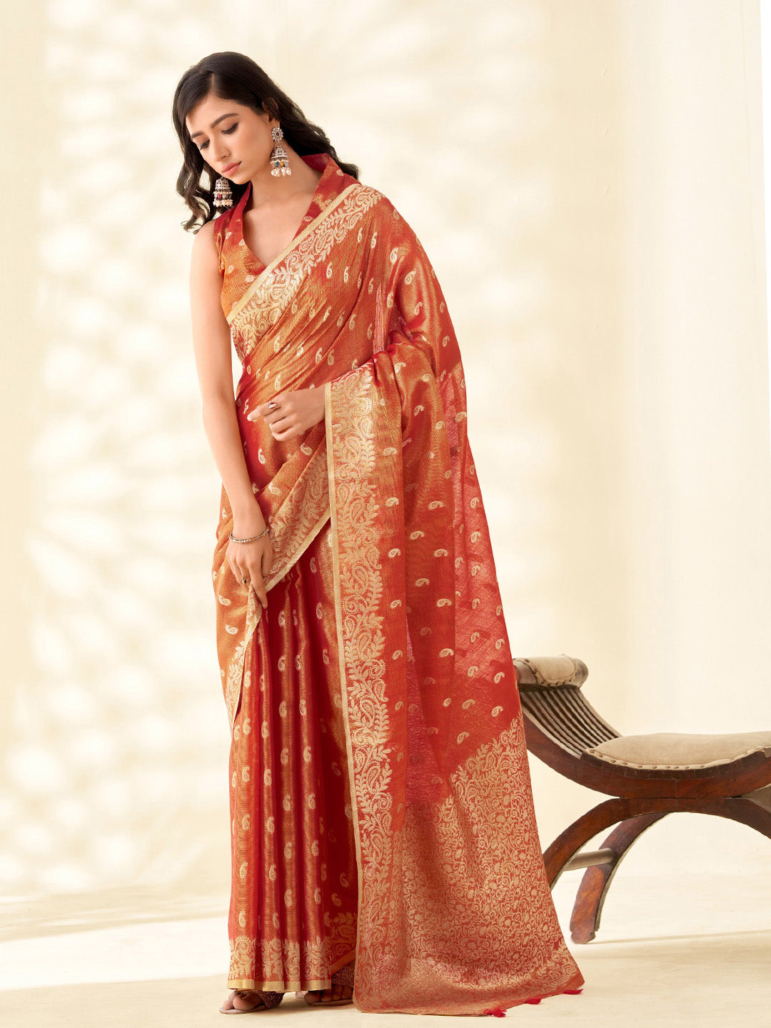 Sutriti Women Rust Red Woven Banarasi Tissue Silk Saree