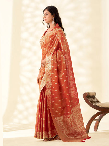 Sutriti Women Rust Red Woven Banarasi Tissue Silk Saree