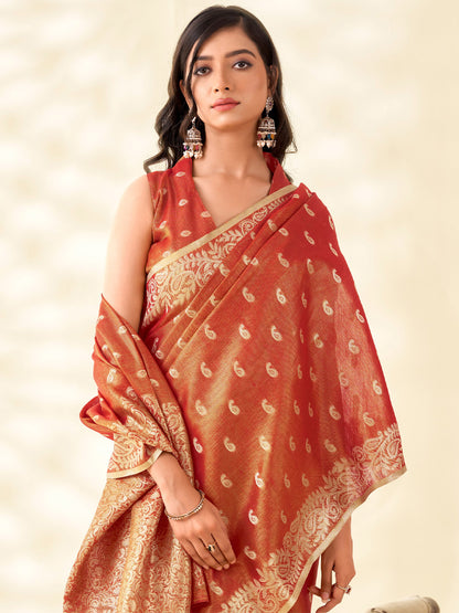 Sutriti Women Rust Red Woven Banarasi Tissue Silk Saree