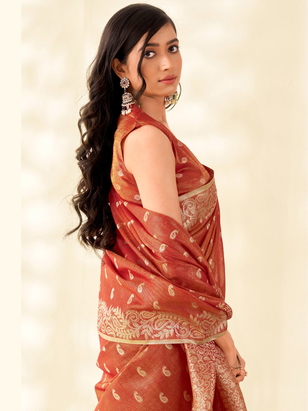 Sutriti Women Rust Red Woven Banarasi Tissue Silk Saree