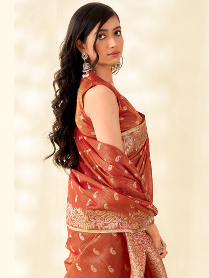 Sutriti Women Rust Red Woven Banarasi Tissue Silk Saree