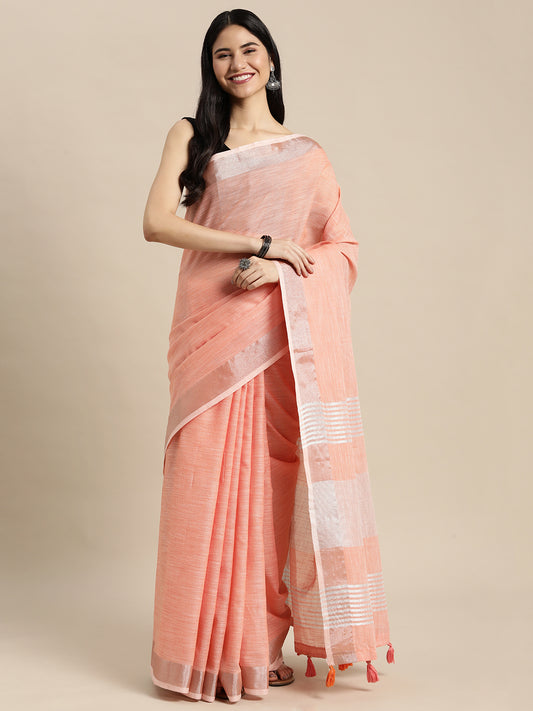 Sutriti Elegant Peach Woven Linen Saree with Contrast Zari Border & Tassels – Soft & Breathable Party Wear