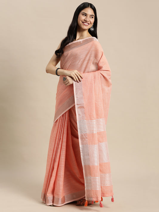 Sutriti Elegant Peach Woven Linen Saree with Contrast Zari Border & Tassels – Soft & Breathable Party Wear
