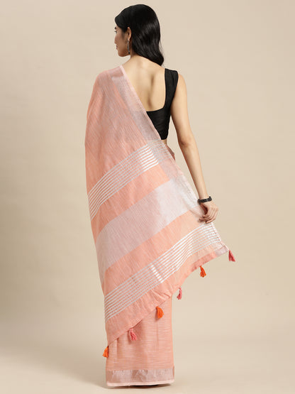 Sutriti Elegant Peach Woven Linen Saree with Contrast Zari Border & Tassels – Soft & Breathable Party Wear