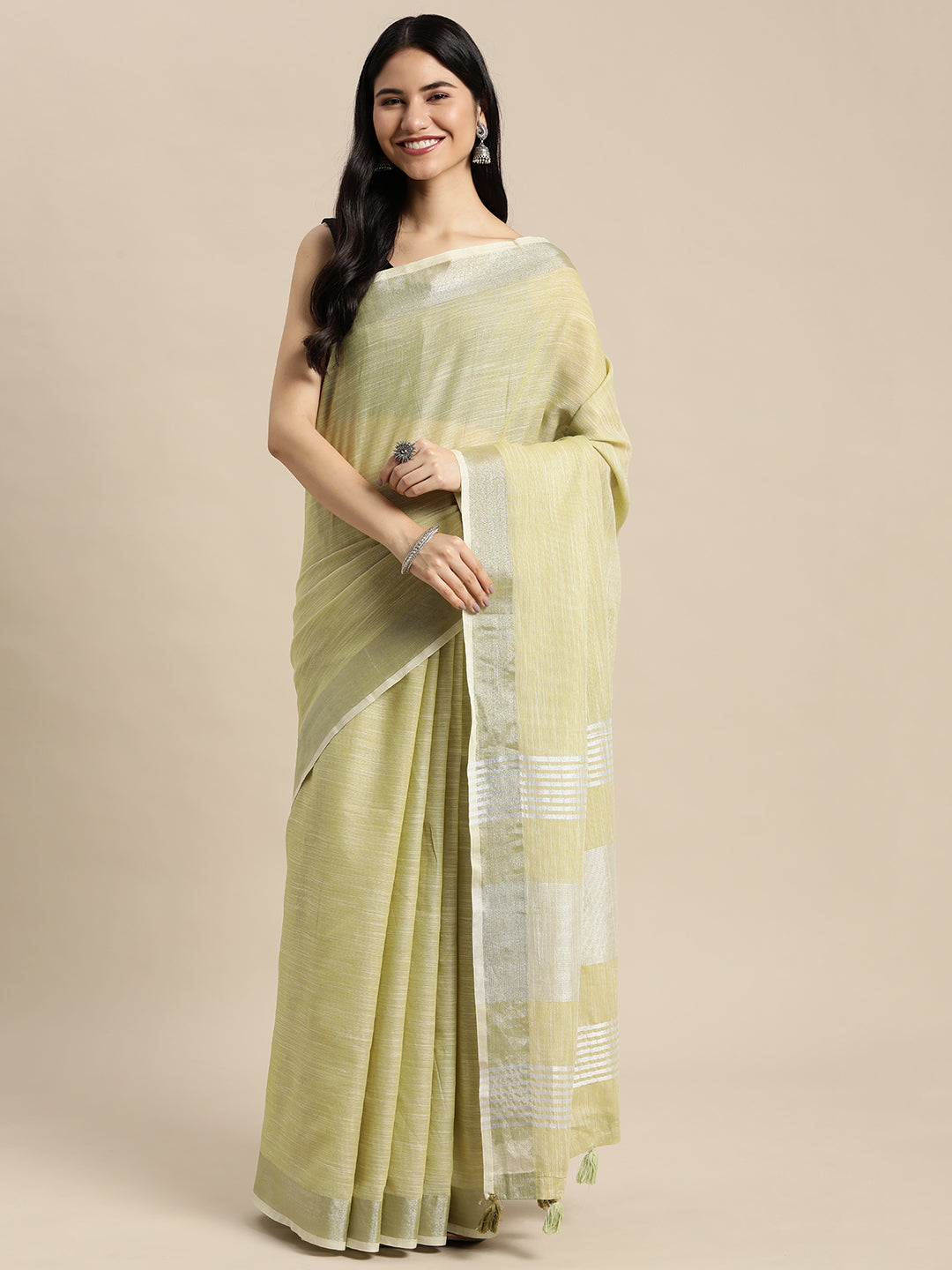 Sutriti Elegant Mhendi Woven Linen Saree with Contrast Zari Border & Tassels – Soft & Breathable Party Wear