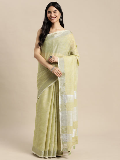 Sutriti Elegant Mhendi Woven Linen Saree with Contrast Zari Border & Tassels – Soft & Breathable Party Wear