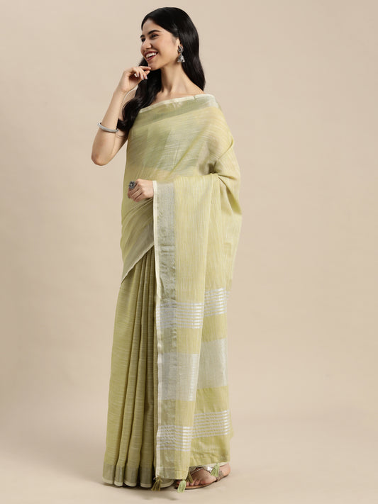 Sutriti Elegant Mhendi Woven Linen Saree with Contrast Zari Border & Tassels – Soft & Breathable Party Wear