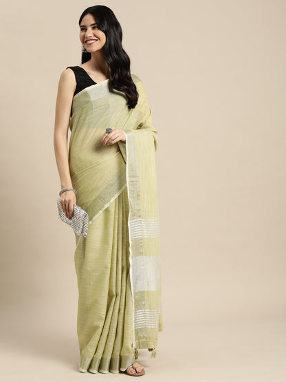 Sutriti Elegant Mhendi Woven Linen Saree with Contrast Zari Border & Tassels – Soft & Breathable Party Wear