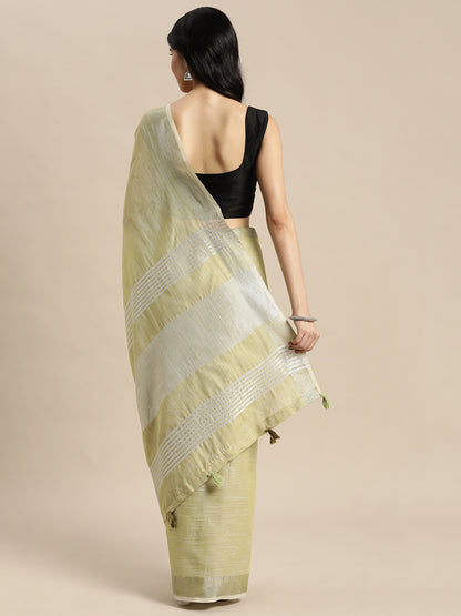 Sutriti Elegant Mhendi Woven Linen Saree with Contrast Zari Border & Tassels – Soft & Breathable Party Wear