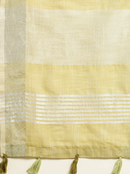 Sutriti Elegant Mhendi Woven Linen Saree with Contrast Zari Border & Tassels – Soft & Breathable Party Wear