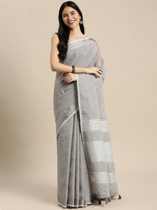 Sutriti grey tissue silk silver stripe border wedding saree silver stripe collection
