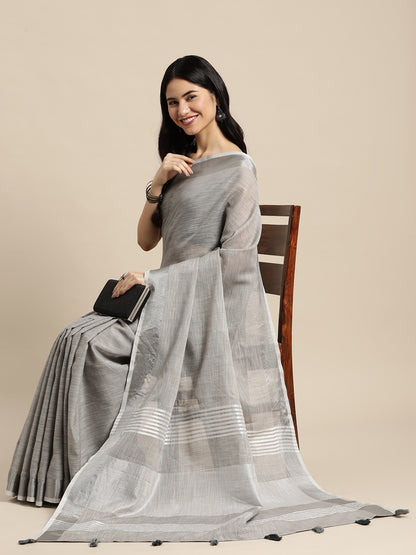 Sutriti grey tissue silk silver stripe border wedding saree silver stripe collection