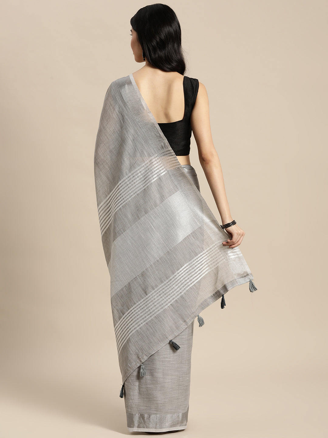 Sutriti grey tissue silk silver stripe border wedding saree silver stripe collection