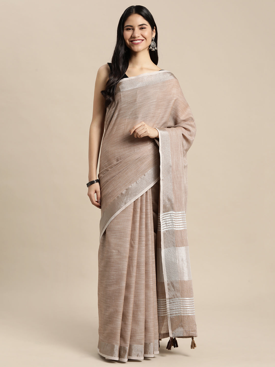 Sutriti taupe beige tissue silk silver stripe border wedding saree silver stripe collection