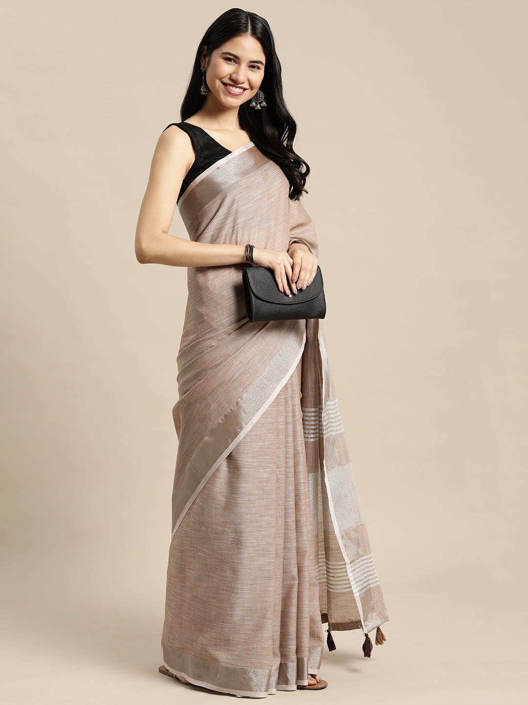 Sutriti taupe beige tissue silk silver stripe border wedding saree silver stripe collection